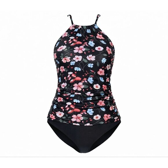 XS Black Pink Floral Print Tankini Set High Neck Tummy Control 2 Piece NWT - Picture 2 of 2